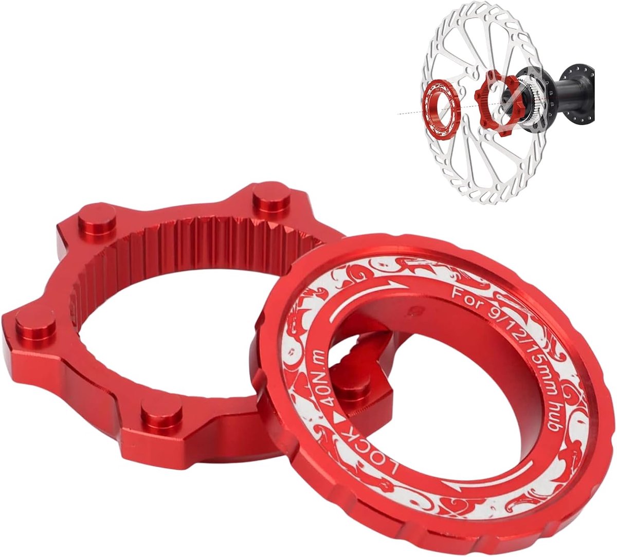 Center Lock Adapter, Fietsen Center Lock 6-bouts Schijfremrotoradapter met Borgring Centerlock-adapter van Aluminiumlegering voor Mountainbikes (Rood)