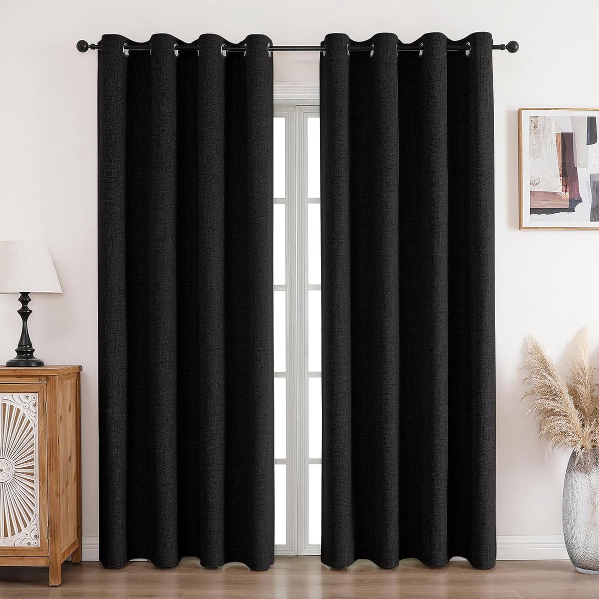 Gordijn, 100% ondoorzichtig, linnen gordijnen met ringen, verduisteringsgordijnen, zwart, 290 x 140 cm (h x b) 2-delige set, thermogordijn, koudebescherming, geluidsisolatie, gordijn voor