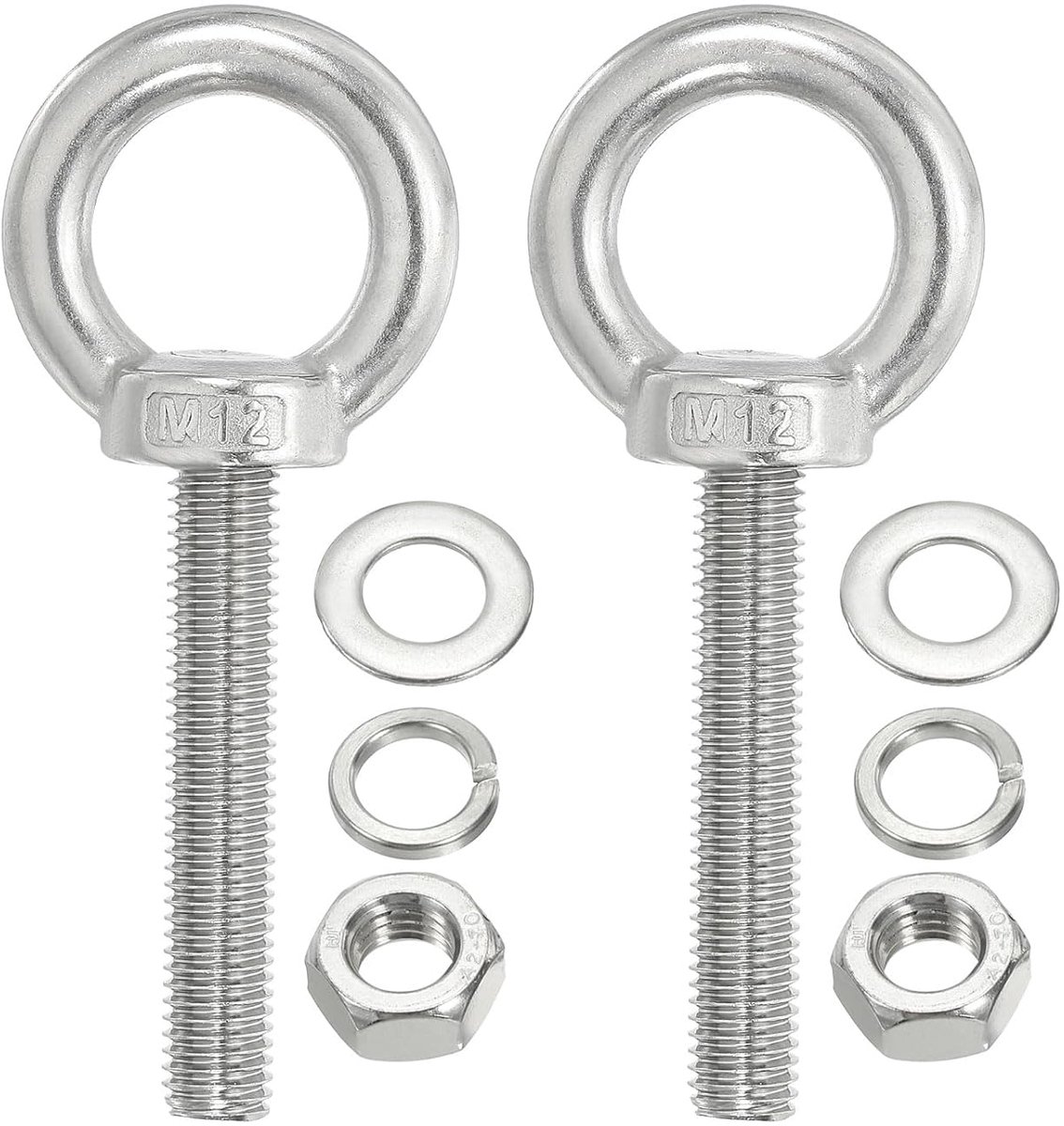Schouderschroef M12 x 70 mm, 2 stuks schroefring met hefring van roestvrij staal 304, met moeren en sluitringen voor het ophangen van hangmatten en voorwerpen