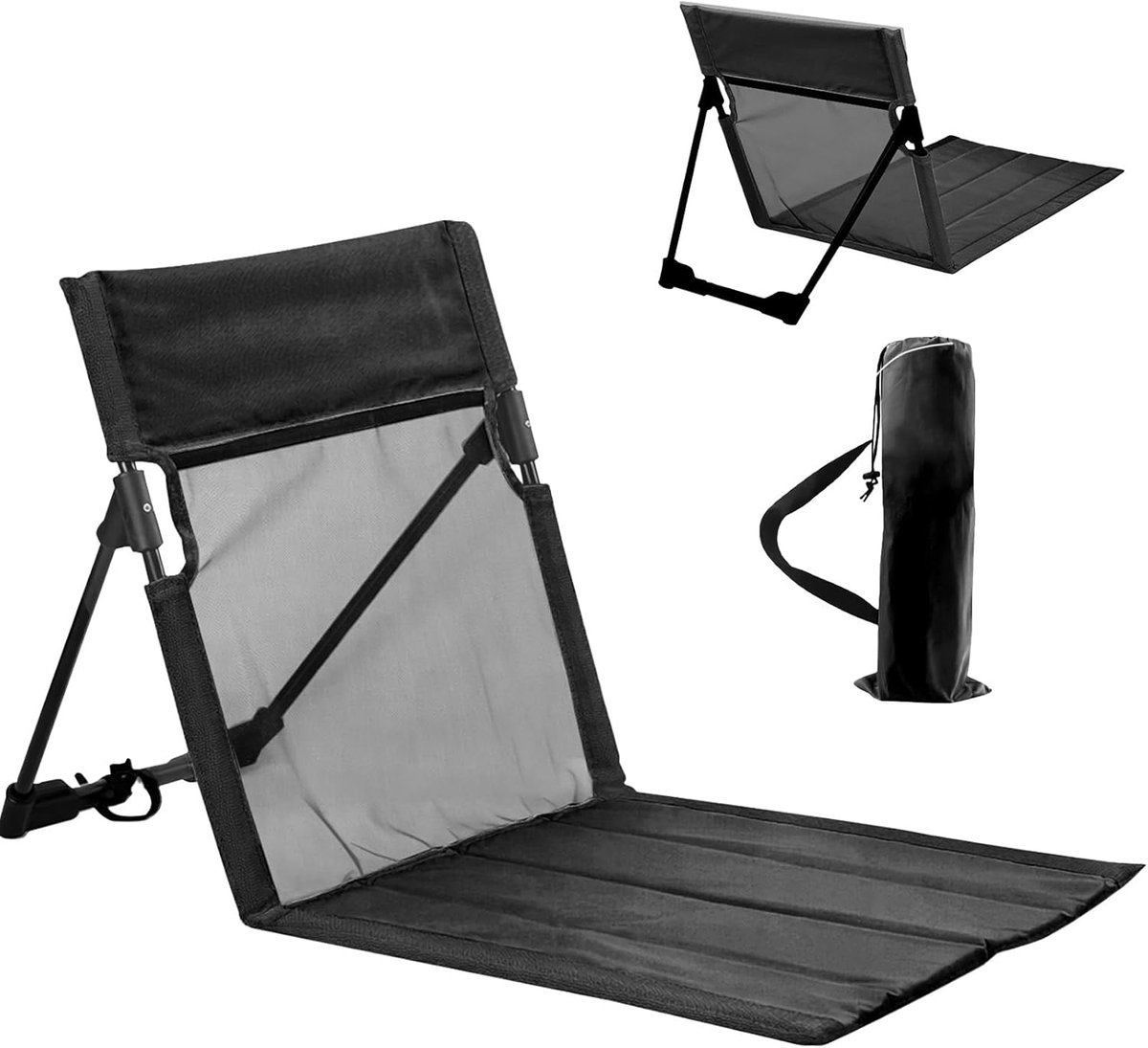 Strandmat met rugleuning, opvouwbare ligmat met rugleuning, opvouwbare lichte strandligstoel, strandstoel met opbergtas, buitenstoel voor kamperen, strand, reizen (Zwart)