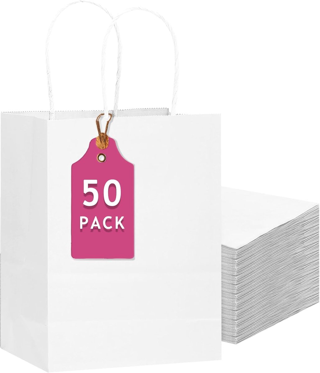 50 stuks witte cadeauzakjes van papier met hengsels, 33 x 26 x 11 cm, feestcadeauzakjes voor diverse toepassingen