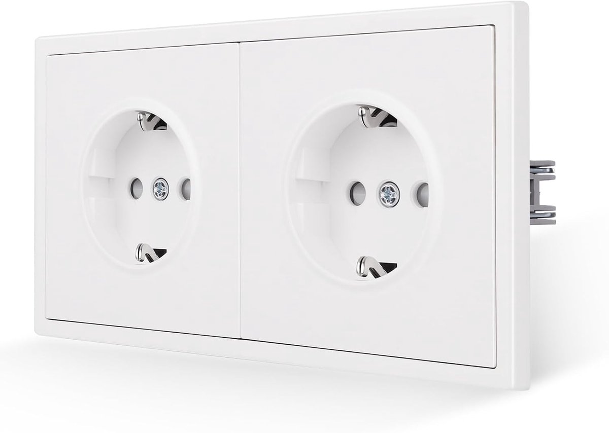 Dubbele White Matt Flush Socket Met Plug-In Klem 16 Amp Schuko (Kan Niet Verticaal Worden Geïnstalleerd)