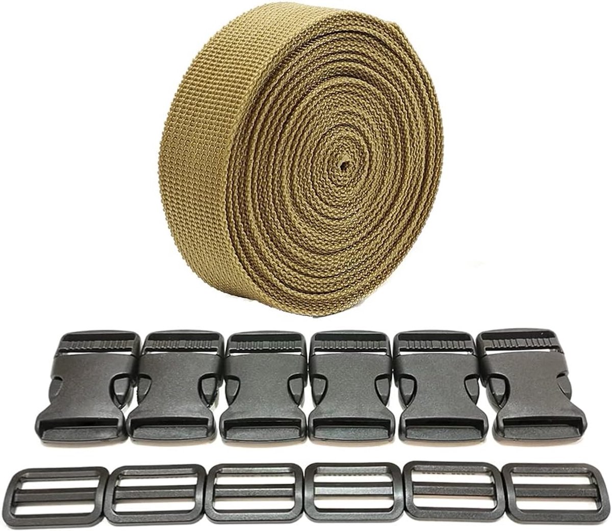 3 meter x 25 mm + 12 kunststof gespen, nylon band met drukknopen, rugzakriem, bagageriem, kofferriem, (25 mm, beige 3465)