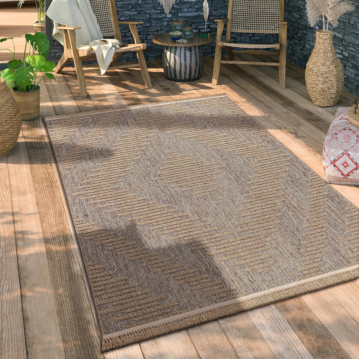 Home Buiten Vloerkleed Tapijt Voor Binnen En Buiten Balkon Terras Keuken Tapijt Boho Patroon Bloemen Geometrisch, Maat:160x220 cm, Kleur:Beige 4