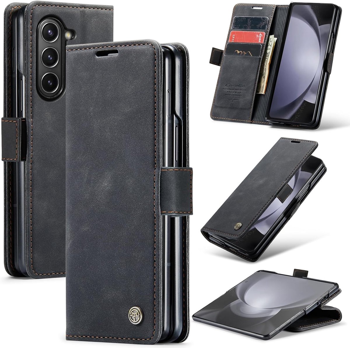 Hoesje voor Samsung Galaxy Z Fold 5 5G, magnetische Flip case, opvouwbaar standfunctie Cover beschermhoes met kaartsleuf en portemonnee, leren hoes voor Samsung Galaxy Z Fold 5, Zwart