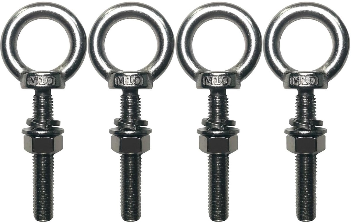 M10 x 60 mm, 4 stuks oogschroeven met zeskantmoeren en sluitringen, oogschroef roestvrij staal, één maat gegoten, ringbouten voor bevestiging en ophanging, ringbouten