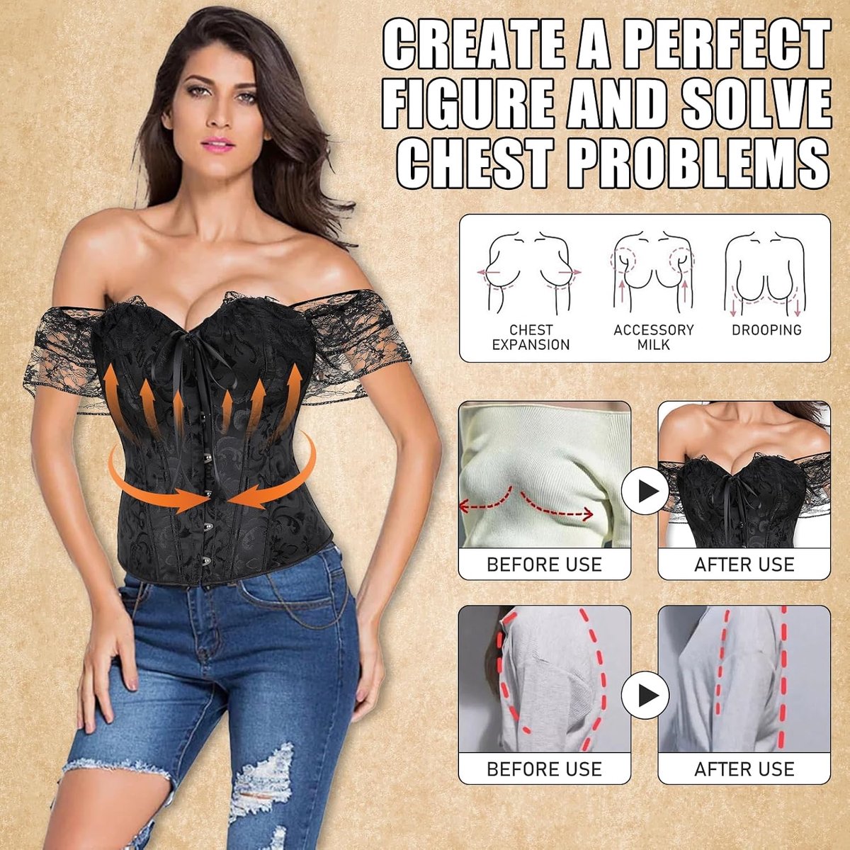 Bustier, korset voor dames met G-string, onderborstkorset voor dames, shapewear, sexy bustier met kanten mouwen, schoudervrij, vintage, S