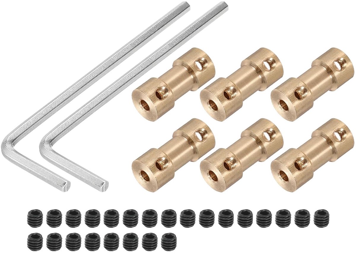3 mm op 5 mm boring stijve koppeling 20 mm lengte 9 mm diameter M3-aansluiting messing as voor 3D-printer DIY kopertint met 6 stuks koppeling, 24 stuks schroeven, 2 stuks sleutels