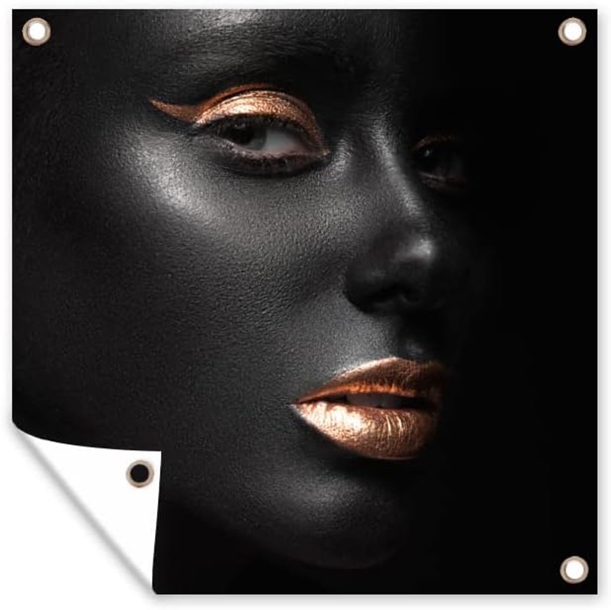Tuinposter - 200x200 cm - Vrouw - Make-up - Koper - Zwart