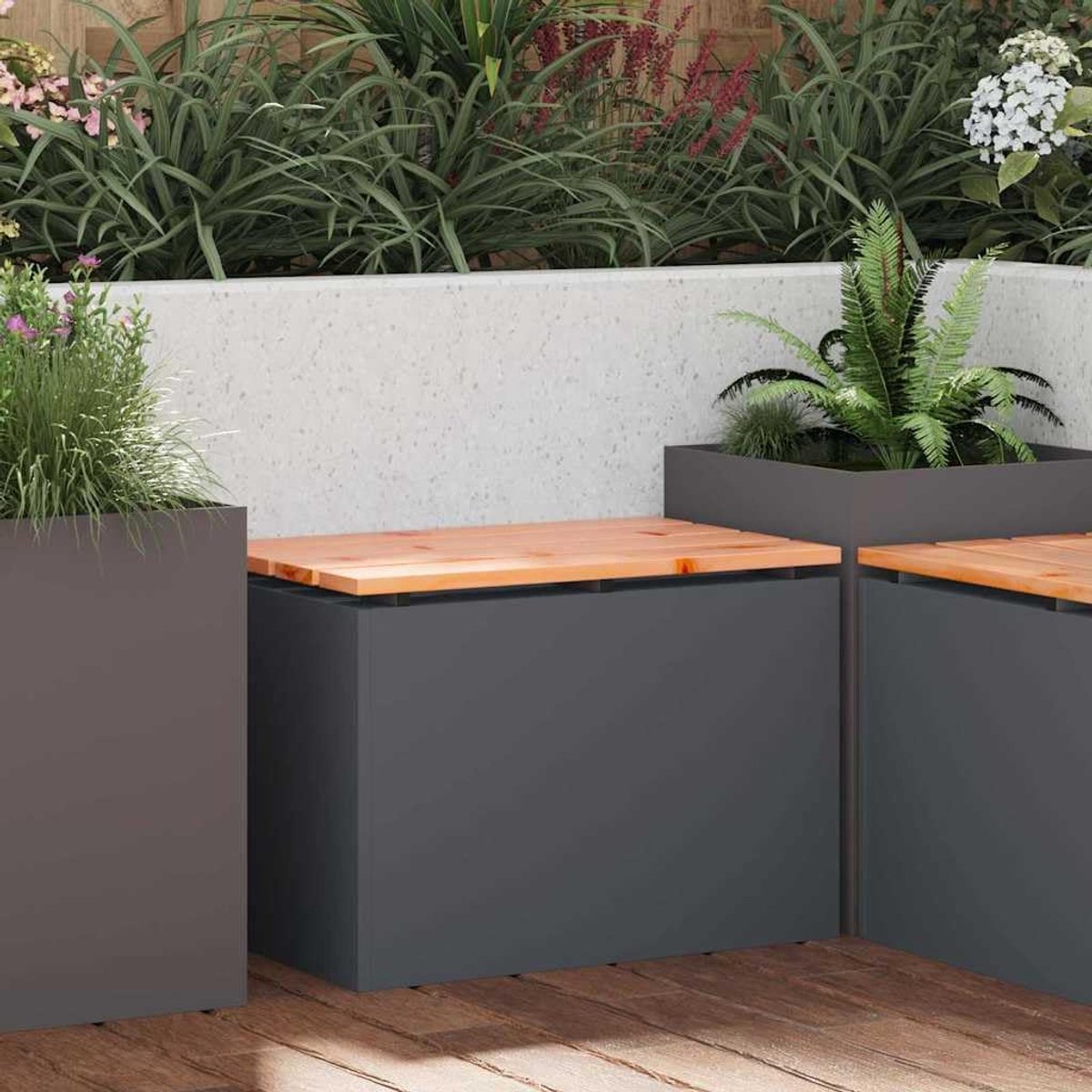 Tuinbank van massief Douglashout en staal, 60 x 40 x 43 cm, tuinstoel staal hout voor buiten, ruime zitbank met solide structuur, design
