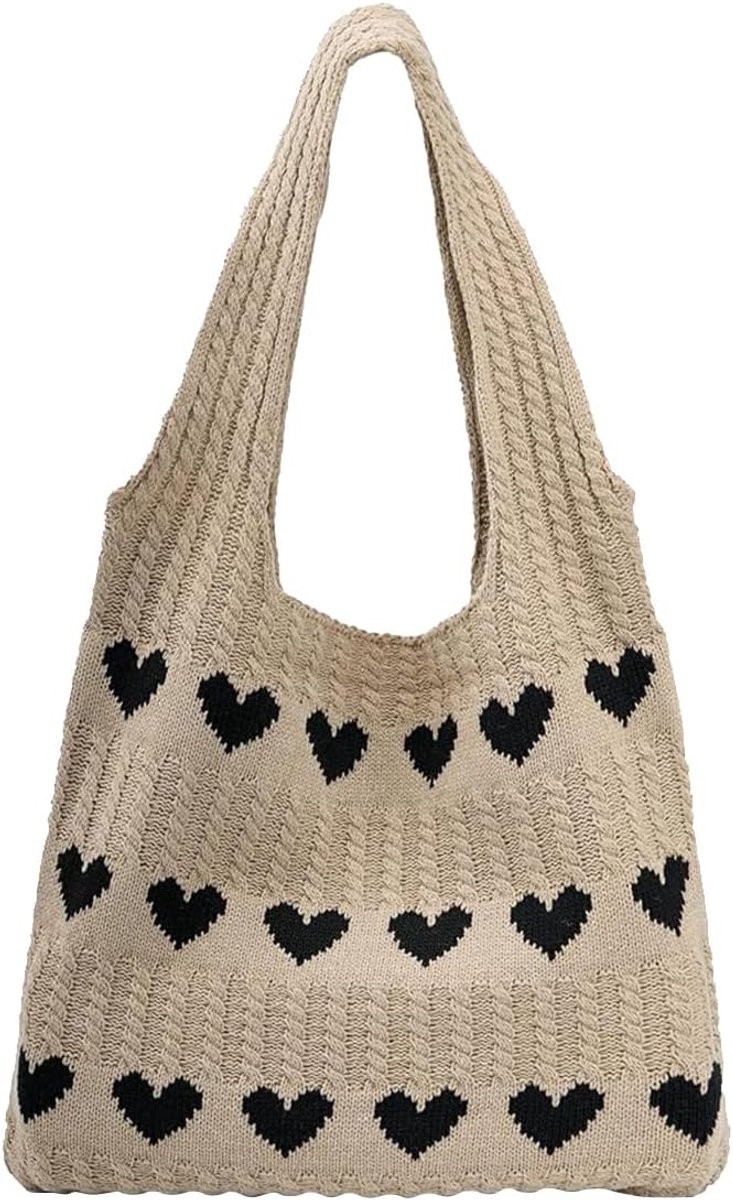 Haaktas Schoudertas - Gebreide Tote Bag - Schattig Hartpatroon - Perfect voor School en Winkelen - SnelShoppen