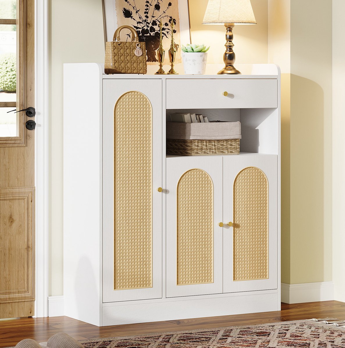 MODENUIT Schoenenkast - Rattan Deuren Met 1 Lade En 3 Deuren - Voor Hal En Eetkamer - MDF Spaanplaat - 90x35x110 Cm - Wit Natuurlijk