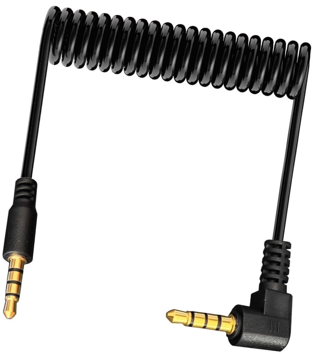 Winded 3.5mm Stereo Audio Cable, 90 Degree Right Angle 1/8" Male to Male Jack 4 Pole TRRS Expansion Aux Spring Cable - ShopVlot