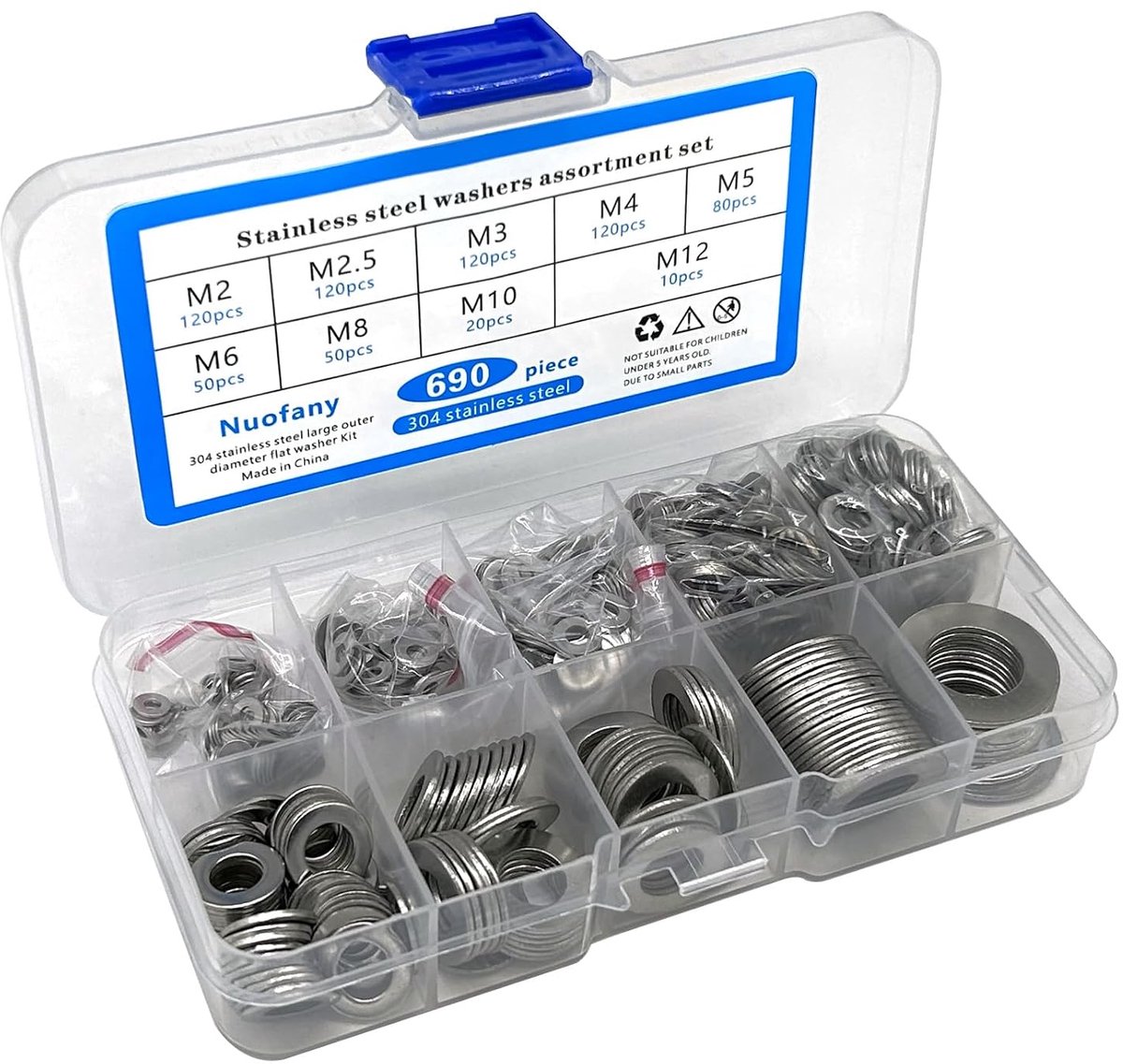 Flat washers 690Pcs - RVS 304 - Assortiment met 9 maten - Ideaal voor bevestigingen - ShopVlot