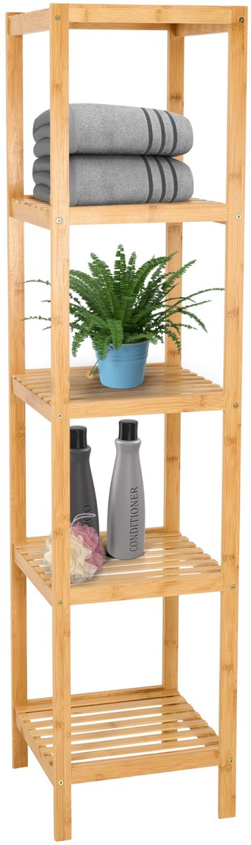 Bamboe Badkamerrek 5-Laags - Smalle Badkamerkast voor Opbergruimte - Vrijstaand Opbergrek voor Badkamer, Toilet en Wasruimte - Multifunctionele Bamboe Opbergkast - 141 x 13 x 13 cm