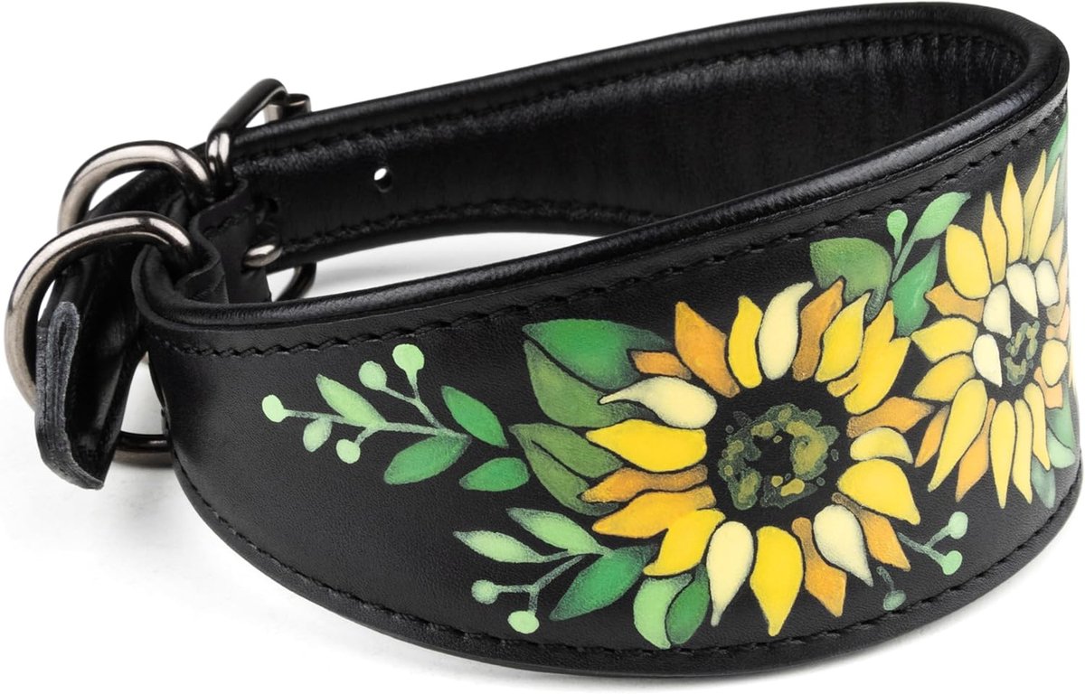 Hondenhalsband XS - Zacht Leer - Handgeschilderd met Zonnebloemen - Bescherming voor gevoelige nek - ShopVlot