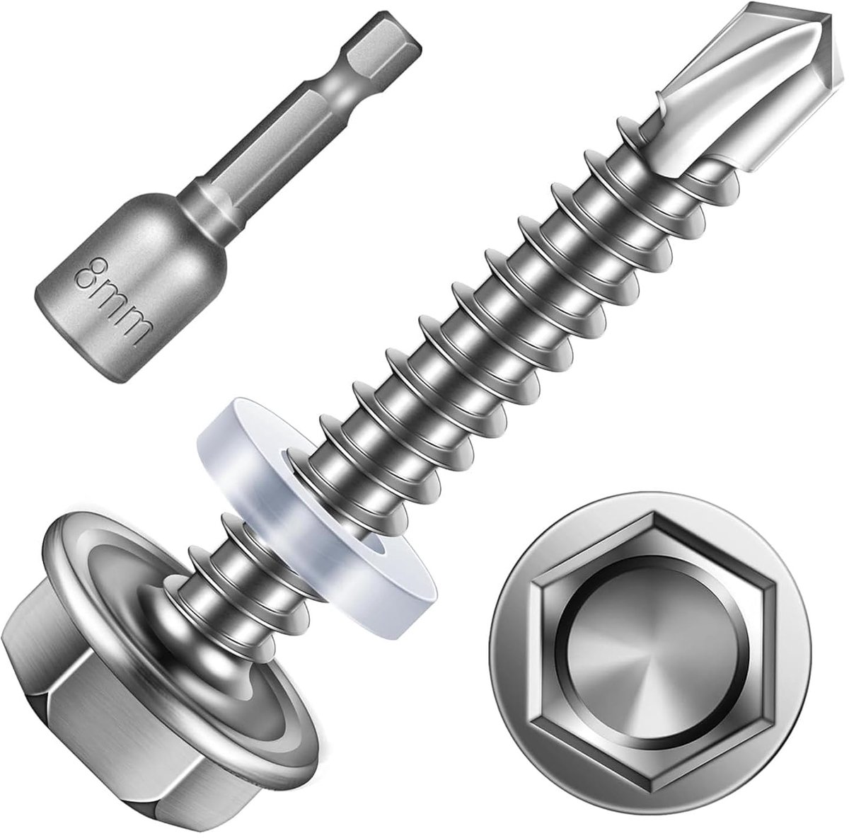 Zelftappende schroeven 4.8 x 32 mm - RVS met sealing ring - Inclusief inbussleutel - Ideaal voor trapeziumplaten - ShopVlot