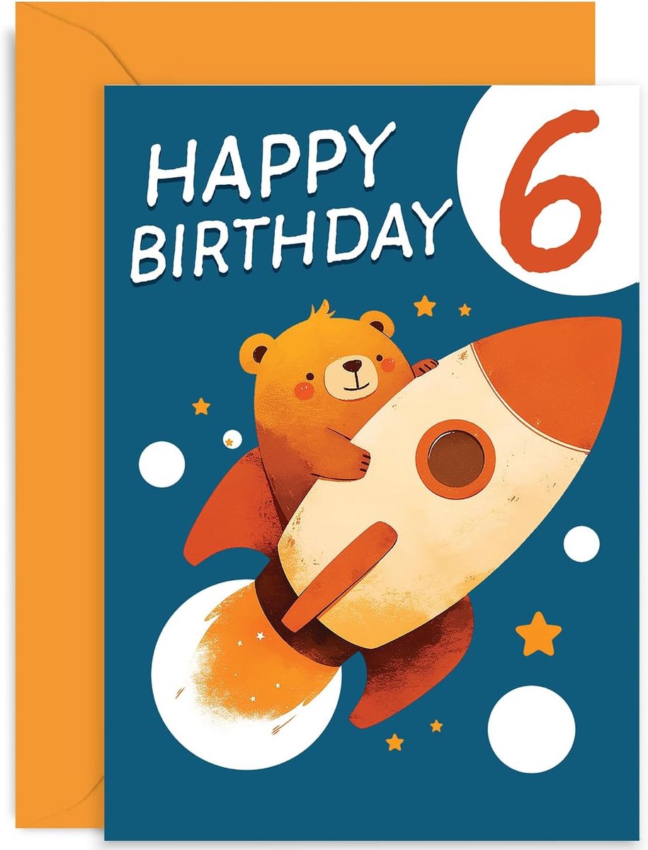 Verjaardagskaart 6e verjaardag - Schattige beer met raket en sterren - Voor jongen of meisje - Leuk voor kinderen - ShopVlot
