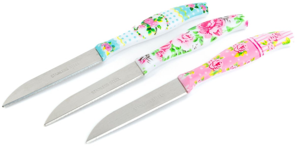 Keukenmes set 15 cm bloemenpatroon 3 stuks RVS schilmesjes snijden hakken keuken [56316B]