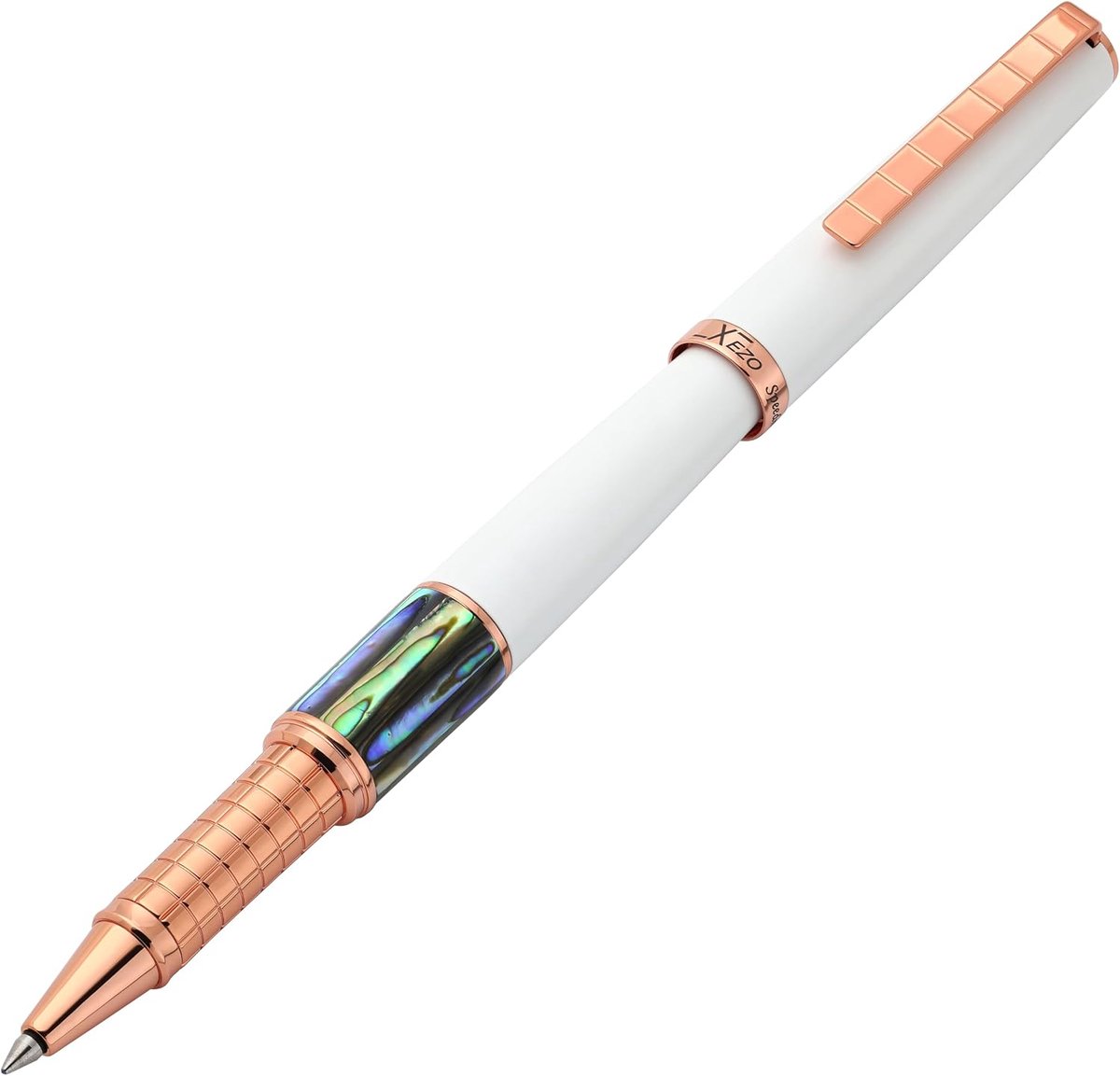Rollerbalpen - matte wit met pāua abalone - rosegoud verguld - lichte pen voor fijnschrijvers - ShopVlot