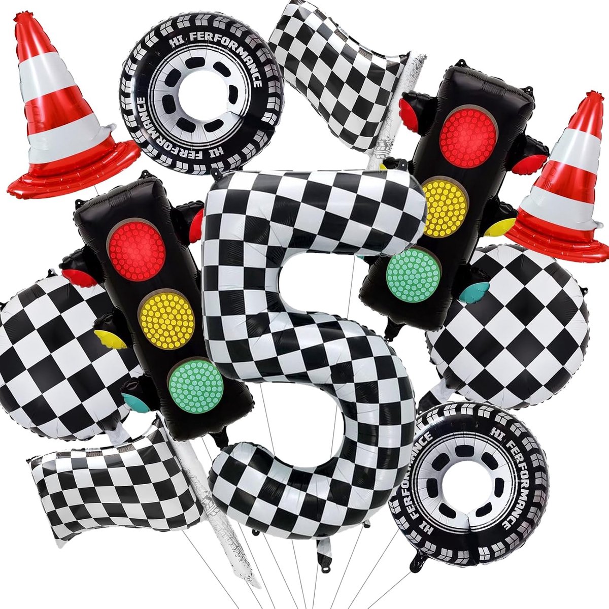 Autoverjaardagsdecoratieset 11 delig - folieballonnen - kleurrijke stoplichten en racebanden - ShopVlot
