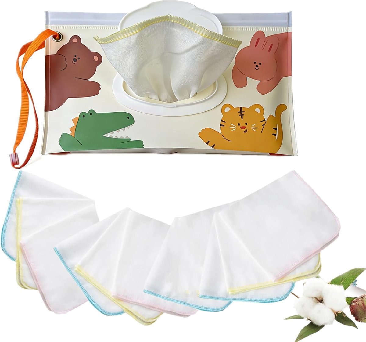 Herbruikbare Katoenen Babytowels 10 Stuks - Waterdichte Reisetui - Schattig Dierenthema - Perfect voor onderweg - ShopVlot