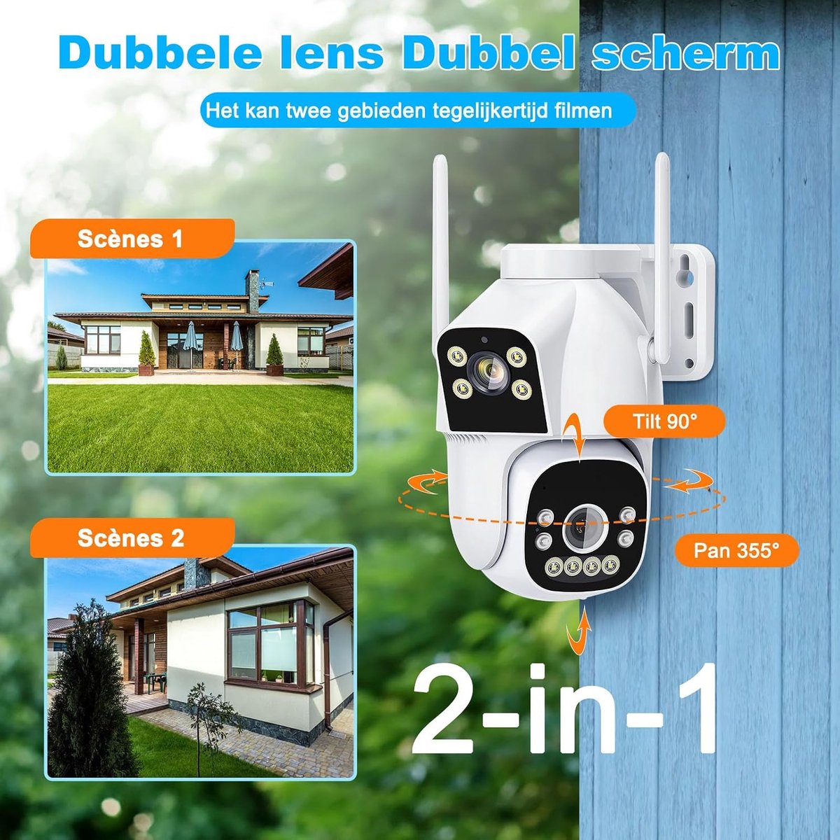WiFi beveiligingscamera buiten - dubbele lens 360° PTZ - kleur nachtzicht - 2-weg audio - ShopVlot