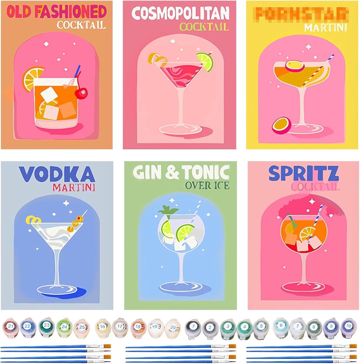 SnelShoppen - Schilderen op Nummer Cocktailset 6 Stuks - DIY Olieverfschilderij voor Volwassenen - Thuisdecoratie 15x20cm - Perfect voor Feestjes en C
