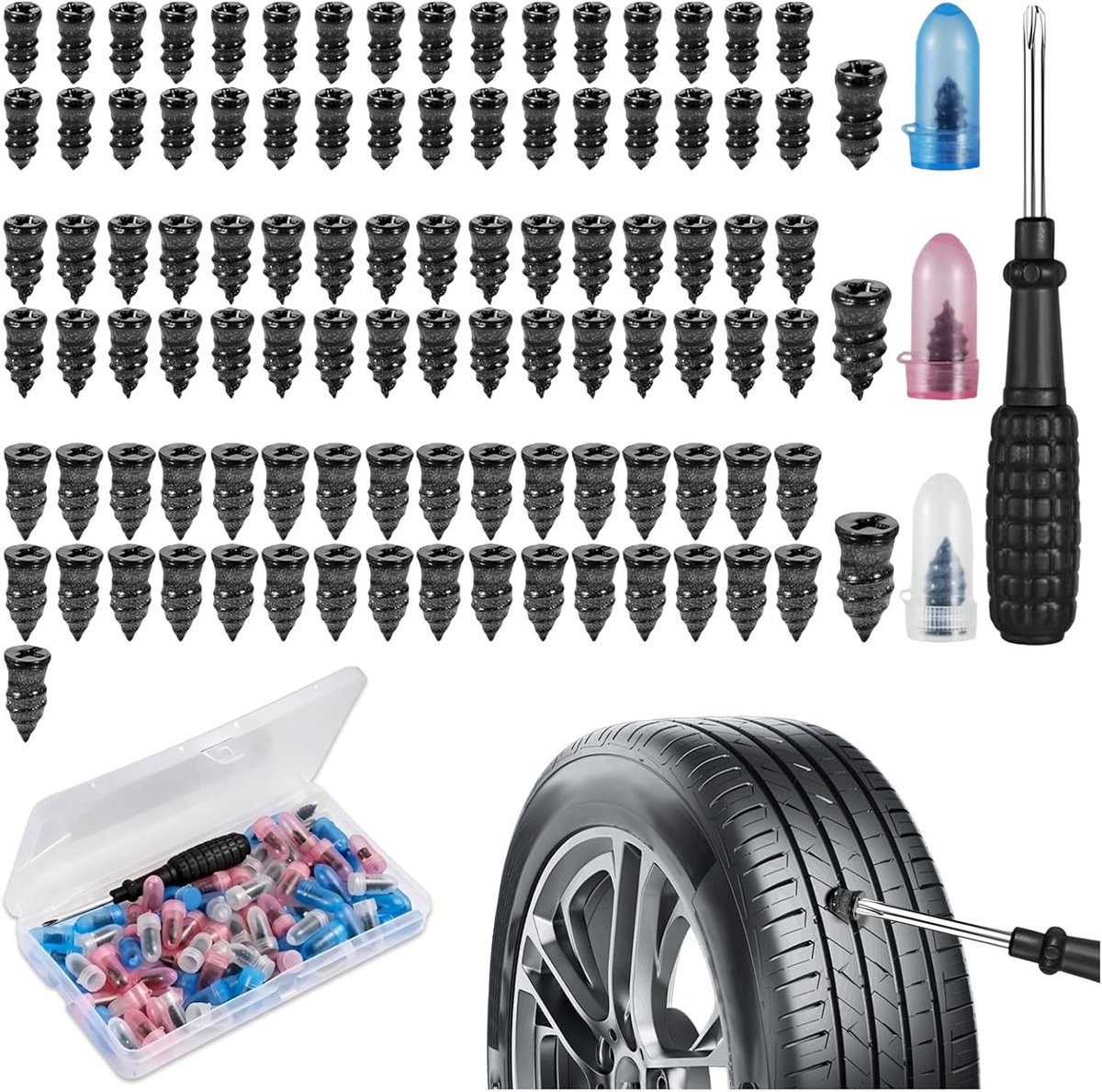 Bandenreparatie Spijkers - Rubber Nagels - Noodreparatie Onderweg - Inclusief Schroevendraaier - 100 Stuks - Geel