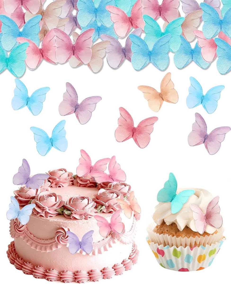 vlindertaartdecoraties 48 stuks - eetbaar rijstpapier - verschillende kleuren - perfect voor taarten en cupcakes - ShopVlot