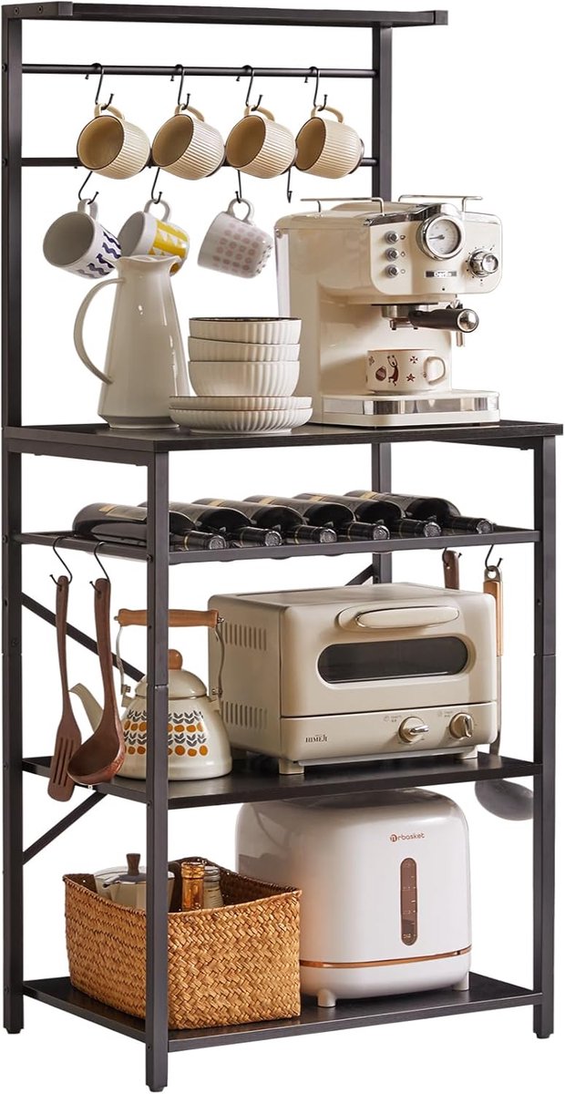 Keukenbakkerij met opslagplanken - Staalframe - Zwart - Ruimtebesparend voor keuken en woonkamer - ShopVlot