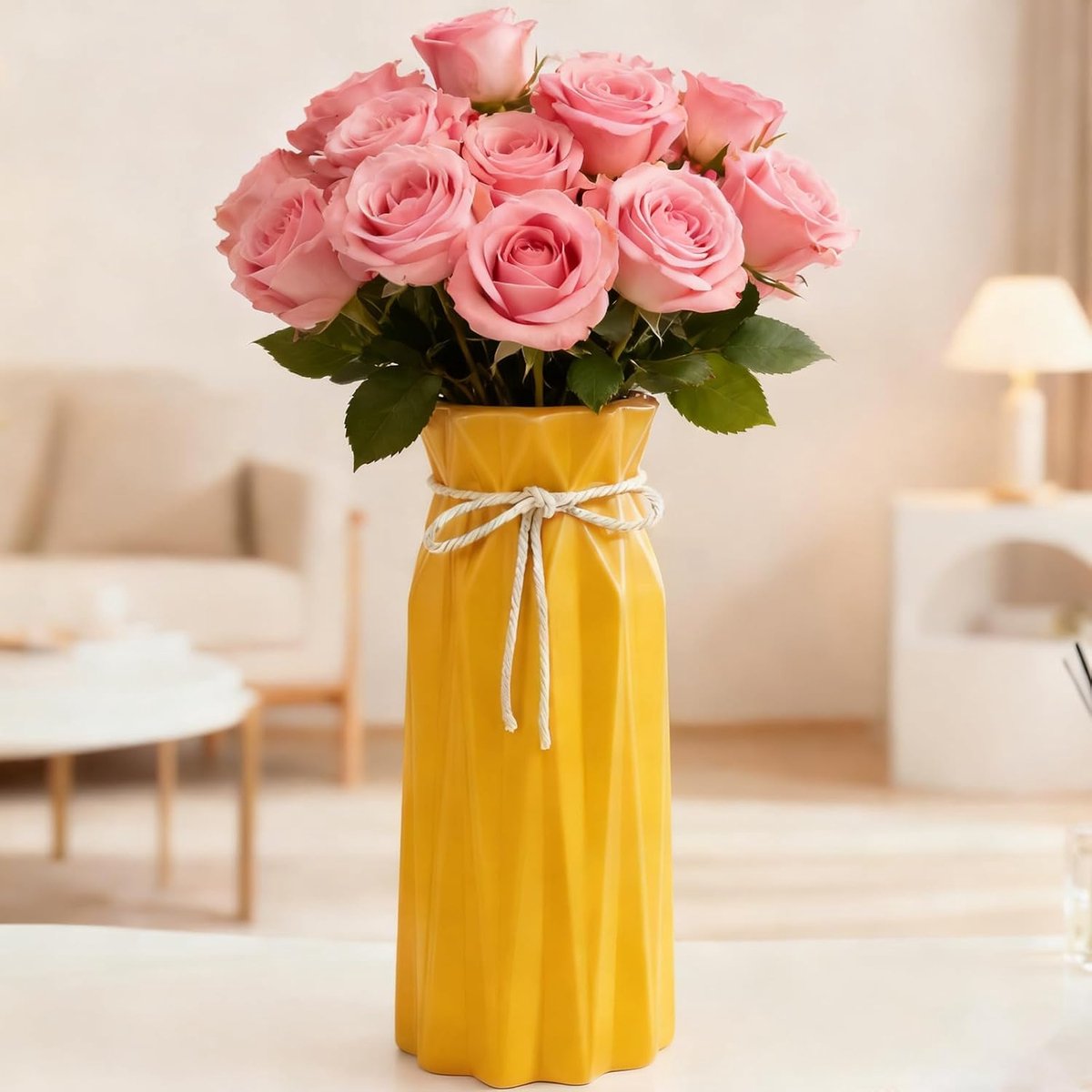 Vaas keramisch modern 24x10x10cm - vintage geel - perfect voor pampasgras en bloemen - SnelShoppen