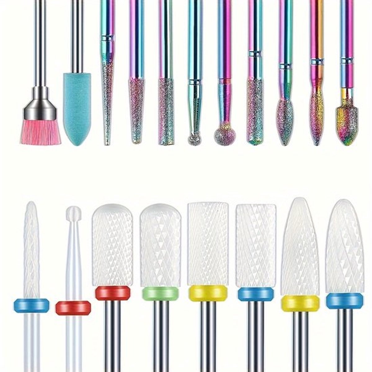 19-delige nagelkunstset, inclusief nagelvijl, nagelriemverwijderaar en accessoires voor een nagelkunstmachine.