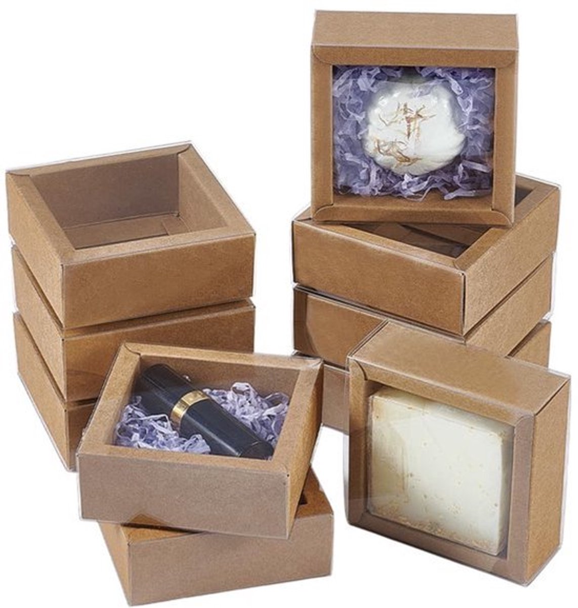 Kraftpapier Lade Dozen 16 Stuks - 8,2x8,3x3,2cm - Zelfgemaakte Geschenken met Transparante Vensters