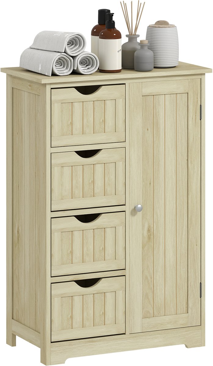 Sogiol® Badkamerkast - Smalle Kolomkast met 4 Laden en Verstelbare Plank - Modern - 56x30x83 cm - Natuurlijk Hout