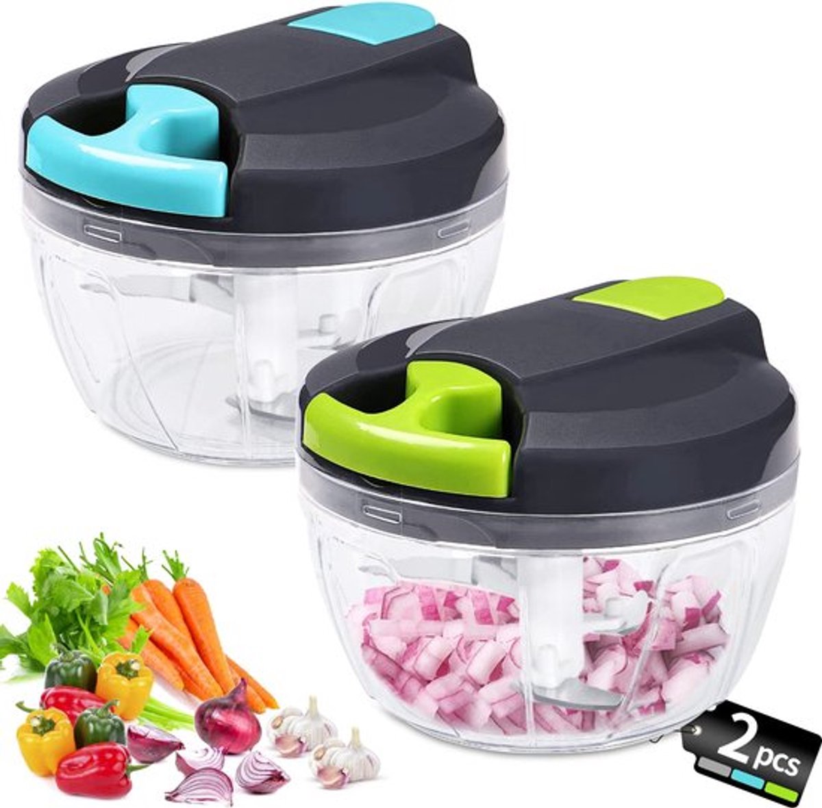 Handmatig hakmolen-520 ml Mini Uienhakker-Uiensnijder Keuken-3 Roestvrijstalen Messen-Groentesnijder-2 stuks