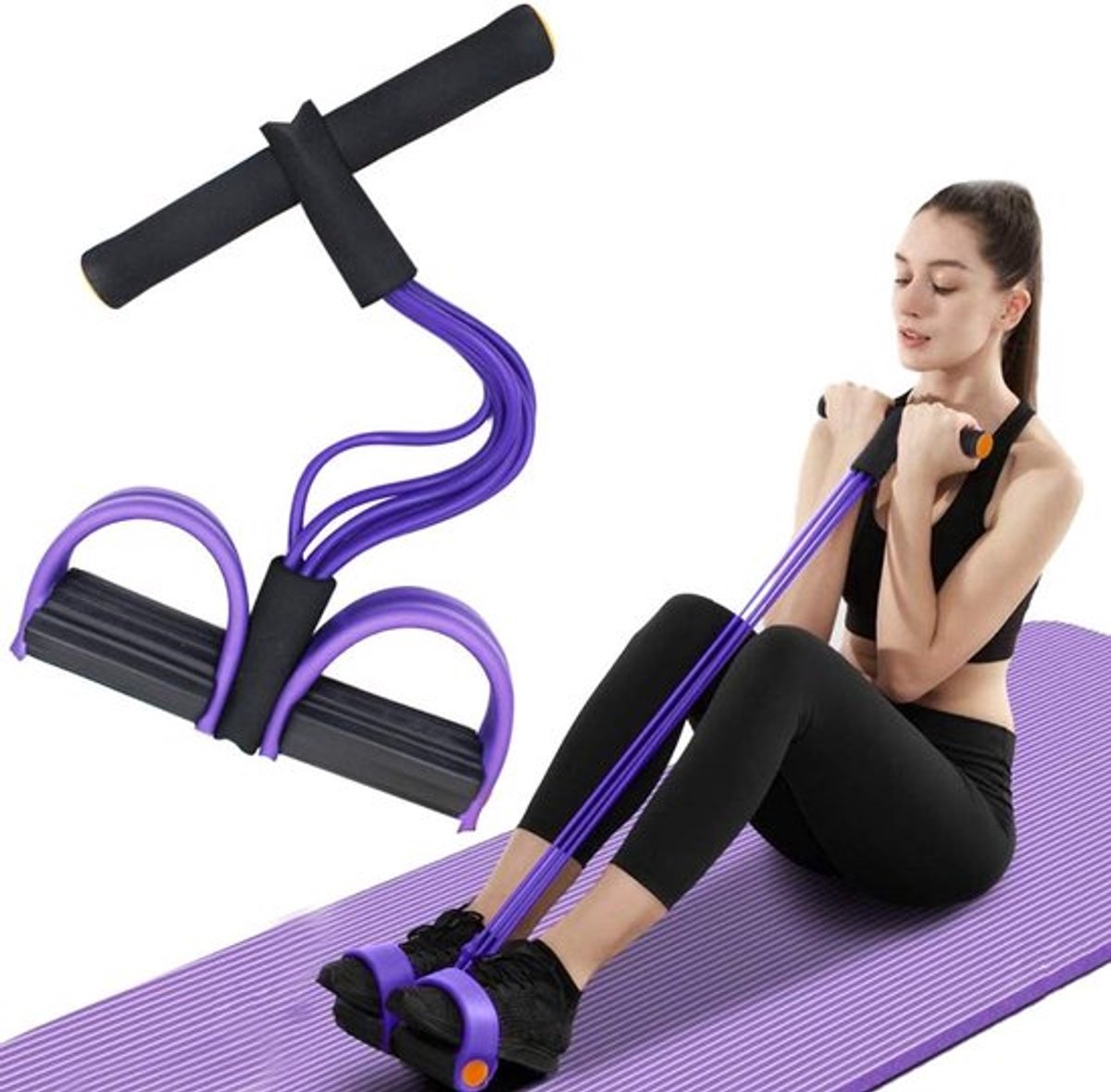 Multifunctioneel spankoord, 6-buis elastische yoga pedaal puller weerstandsband, natuurlijk latex spankoord fitnessapparatuur, voor buik/taille/arm/been strekken afslanktraining（Zwart paars）