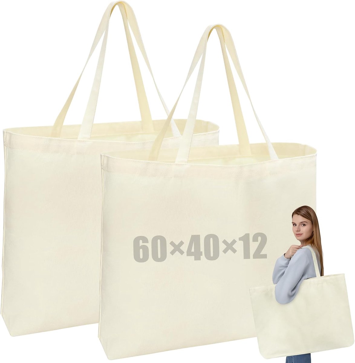 Grote katoenen tas 60x40x12cm - ongeprint - stevige handgrepen - ideaal voor boodschappen - SnelShoppen