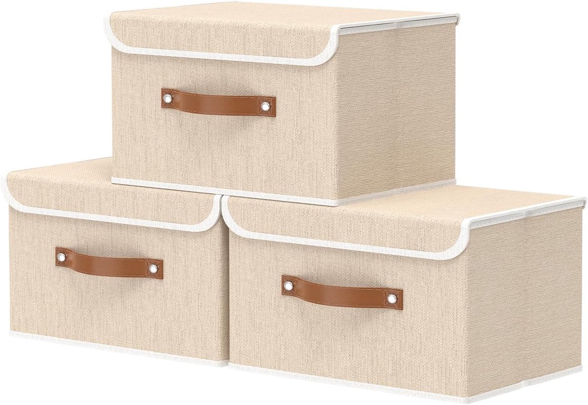 Opbergdoos groot met deksel - linnen stof - 3-pack - ideaal voor kleding en handdoeken - SnelShoppen