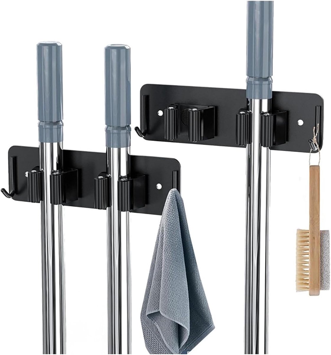 Broom holders set van 2 - robuuste roestvrijstalen houder - praktische haken - ShopVlot