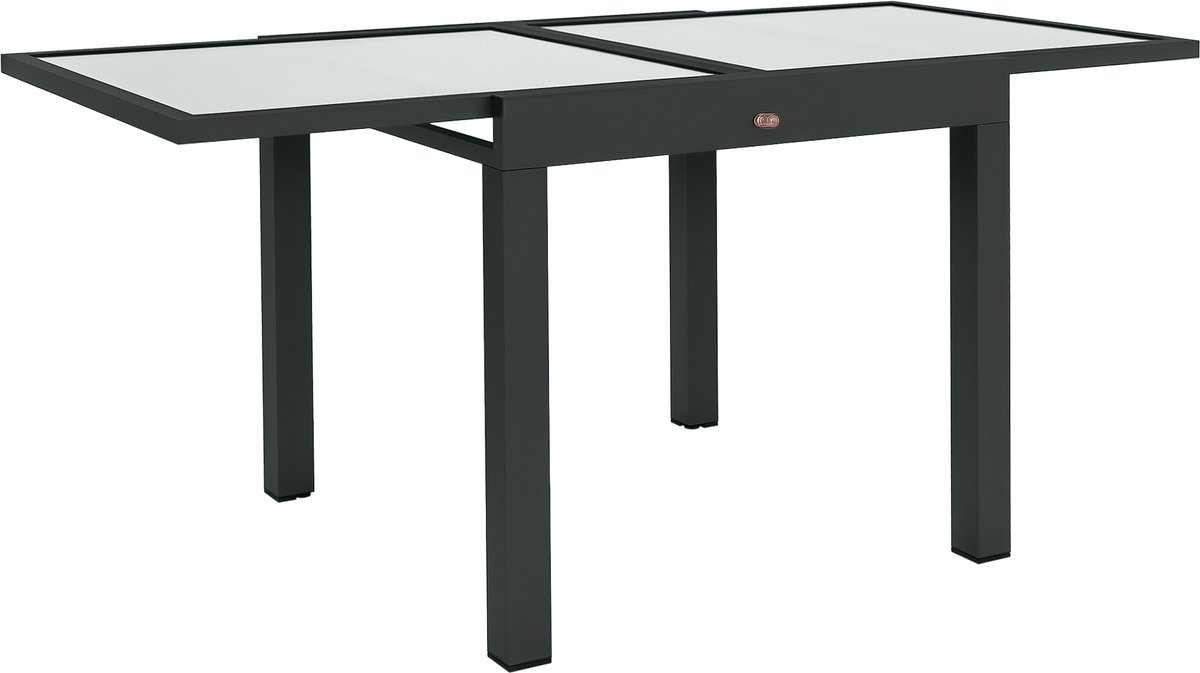 Uitschuifbare tuintafel met tafelblad van gehard glas – 160 x 80 (breedte) x 75 cm – van aluminiumlegering – donkergrijs