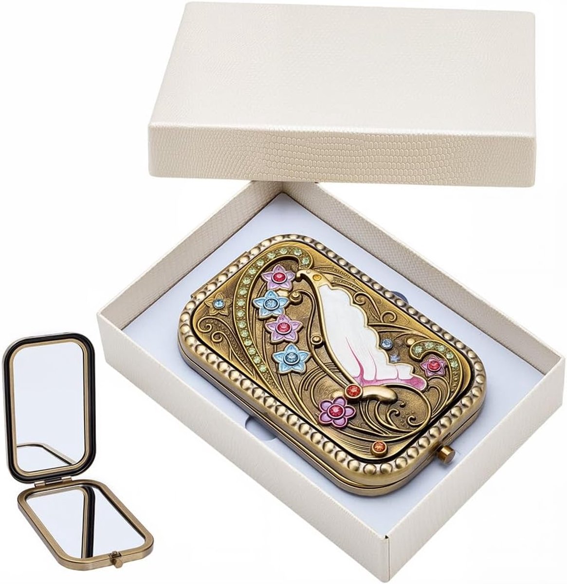 Make-up spiegel compact - vintage opvouwbaar metaal - dubbelzijdig met vergrootglas - SnelShoppen