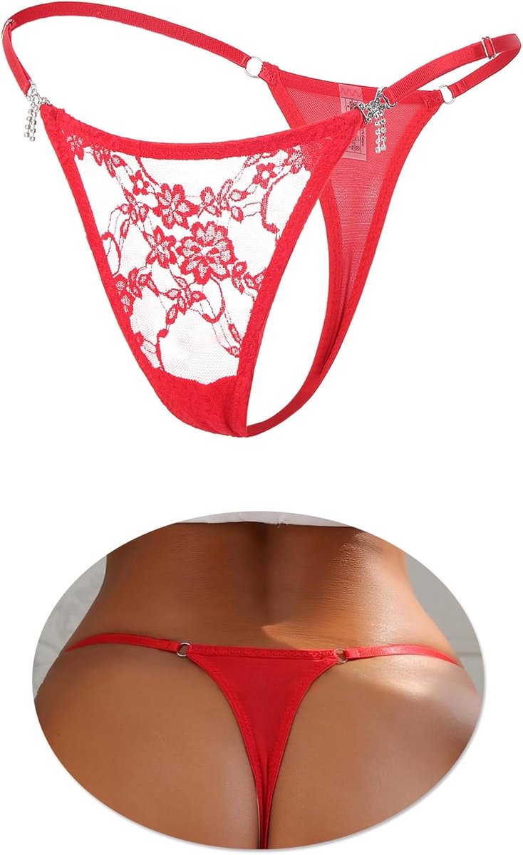 ohmydear Sexy tanga, dames, chique, kant, string, koord, verstelbare riem, micro-G-string, T-rug, lingerie, grote maat, damesondergoed met strass