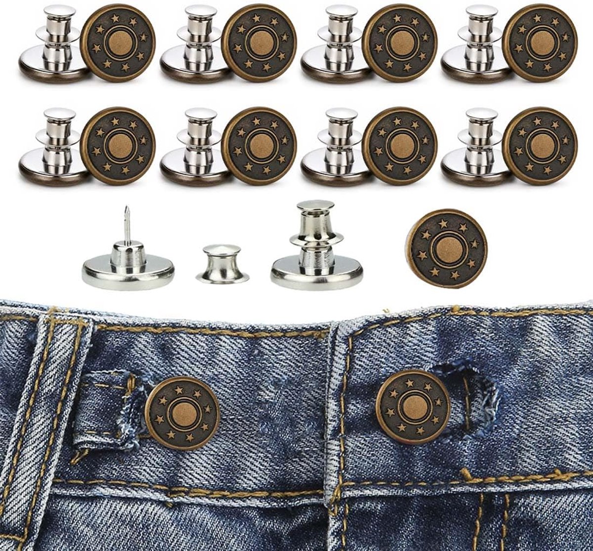 Knopen, naadloos systeem om de taille van de broek te verminderen, aanpasbaar voor jeans en casual broeken, comfortabele instelling en verwijdering zonder sporen