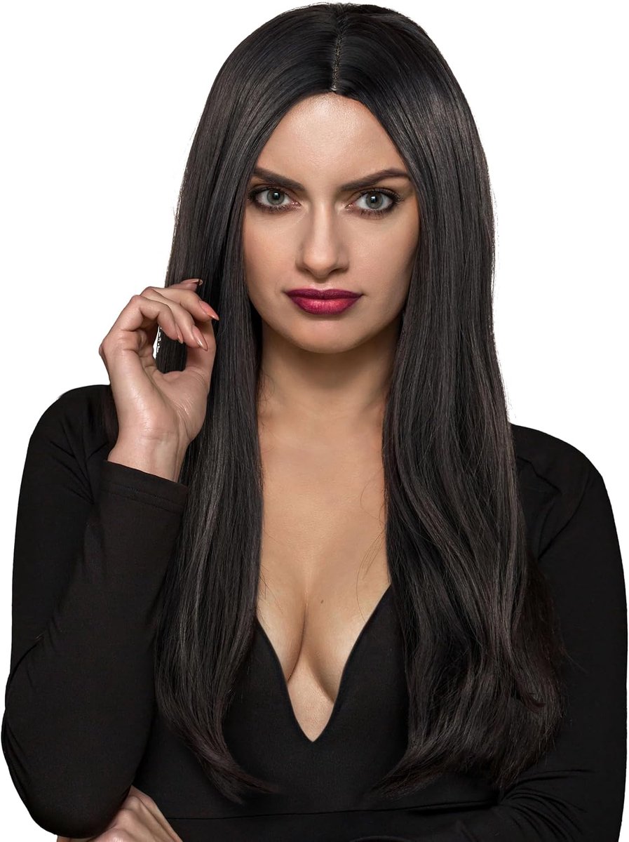 Zwarte pruik met lang haar voor carnaval, Halloween, Wednesday I Horror