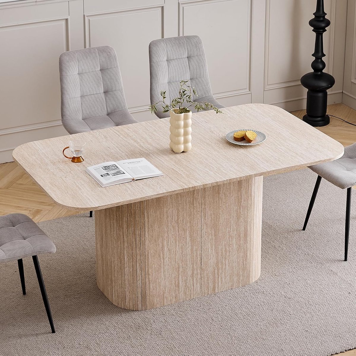 eettafel voor 4 tot 6 personen, 160 x 90 x 76 cm, MDF-plaat met travertijnafwerking, moderne keukentafel met elegante ovale basis, lichtgeel