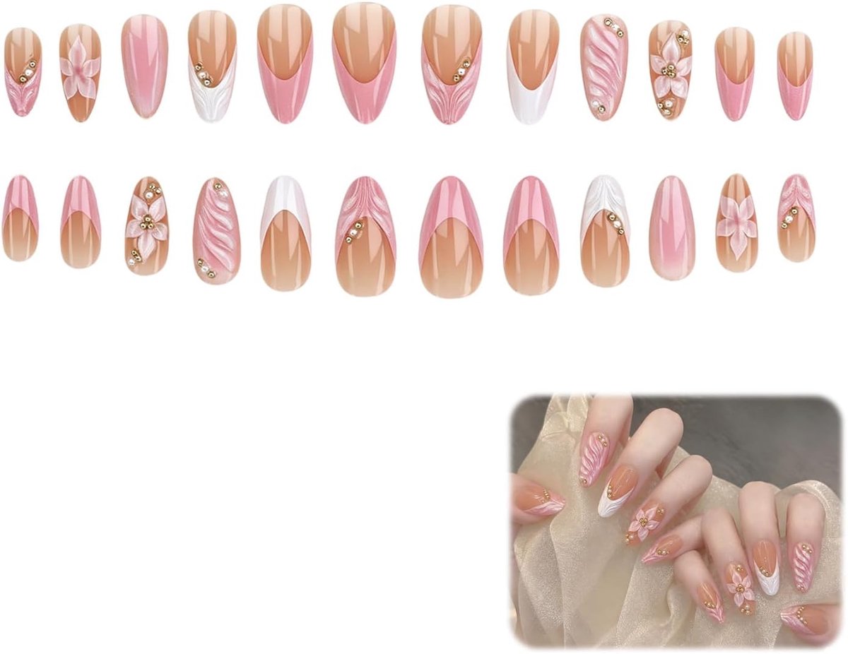 24st Plaknagels, 3D Roze Valse Nagels | Amandel Franse Tip Met Bloemen & Gouden Kralen, Incl. Plakstrip en Vijl voor Vrouwen en Meisjes