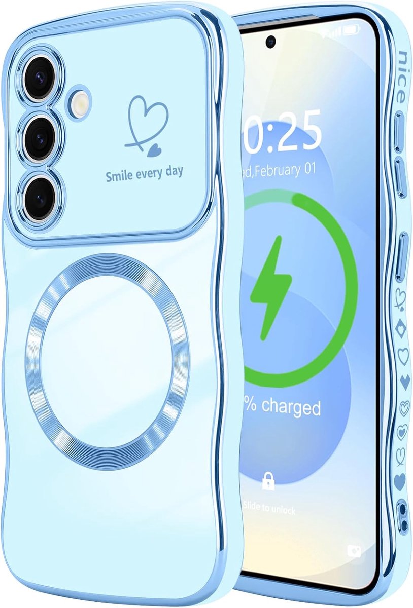 Beschermhoes compatibel met Samsung Galaxy S25 Plus, magnetisch, met camerabescherming, hartmotief, golvend, krullend, verzinkt, beschermhoes voor Samsung S25 Plus, blauw