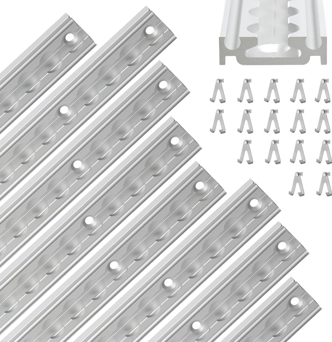 Aluminium set, 8 x 1 m, aluminium sjorrails met 8 dubbele haken, zilveren airline-rail, accessoires, voor aanhanger, auto, vrachtwagen, camper, airline-rail
