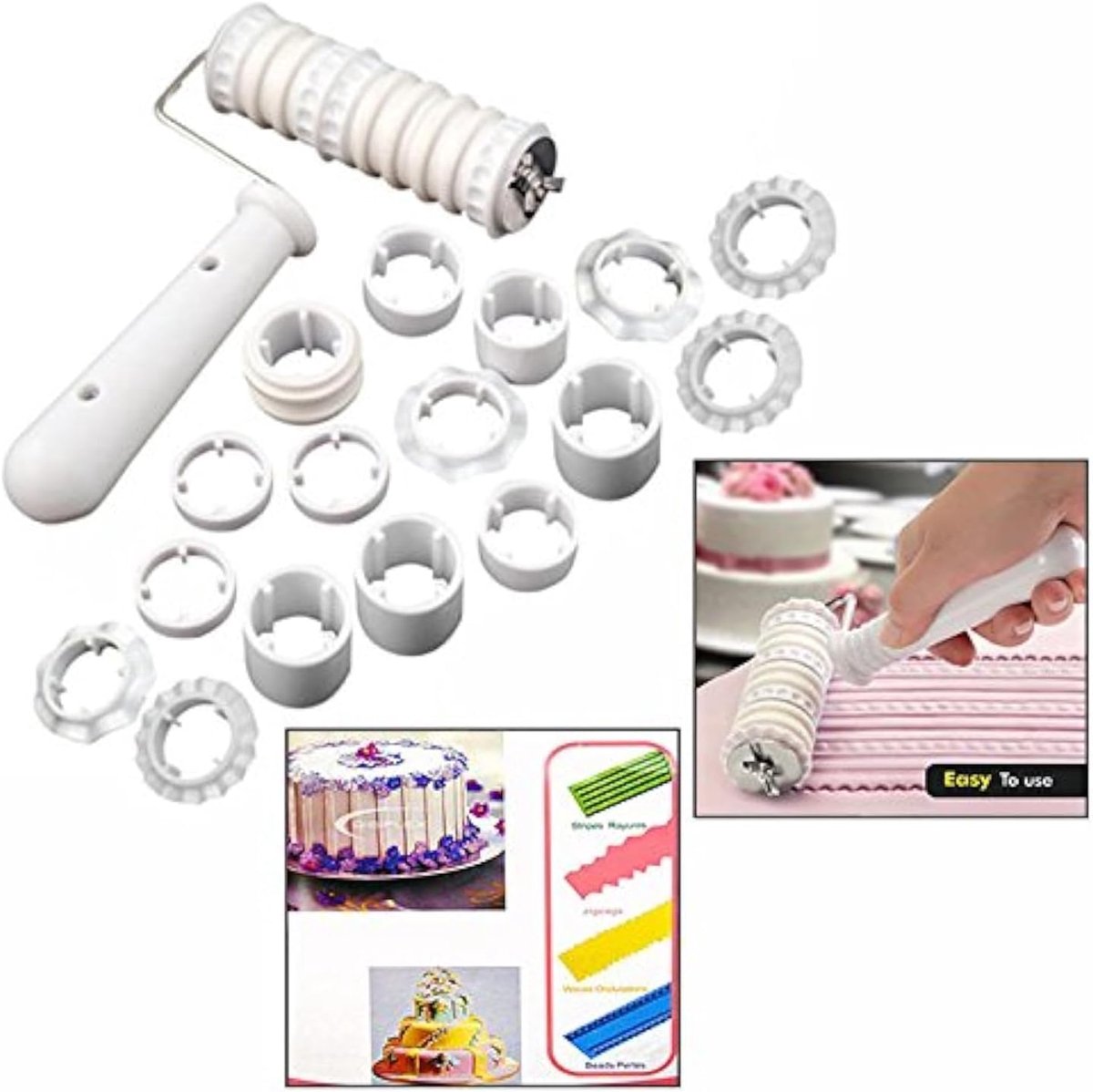 17 stuks fondant-lintensnijder, stanser, deegroller voor taartdecoratie, suikerkunst, wit, kunststof